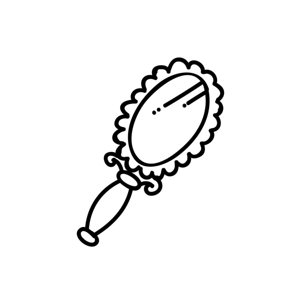 Vintage beauty hand held mirror. Hand drawn vector illustration. Editable line stroke.