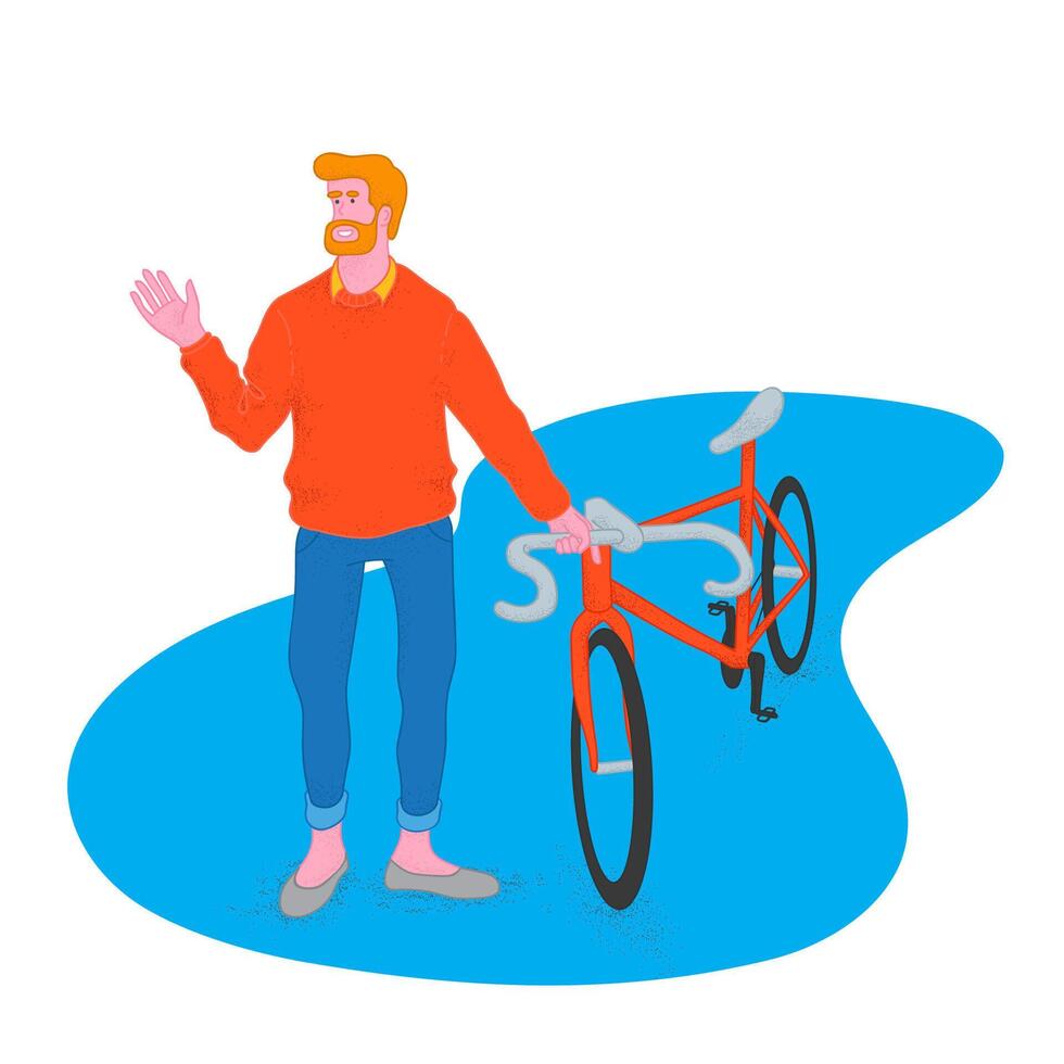 Bearded cyclist holding his bicycle vector