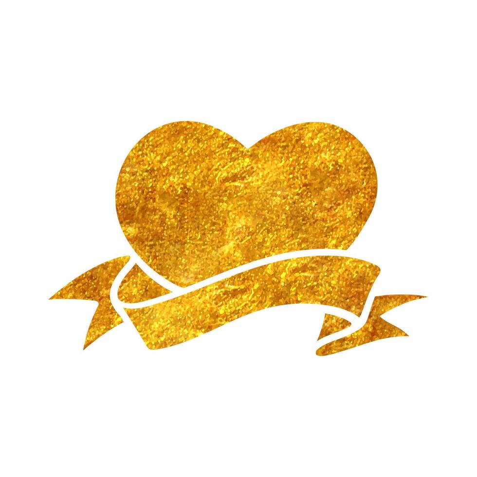 Hand drawn heart and curled banner in gold foil texture vector illustration