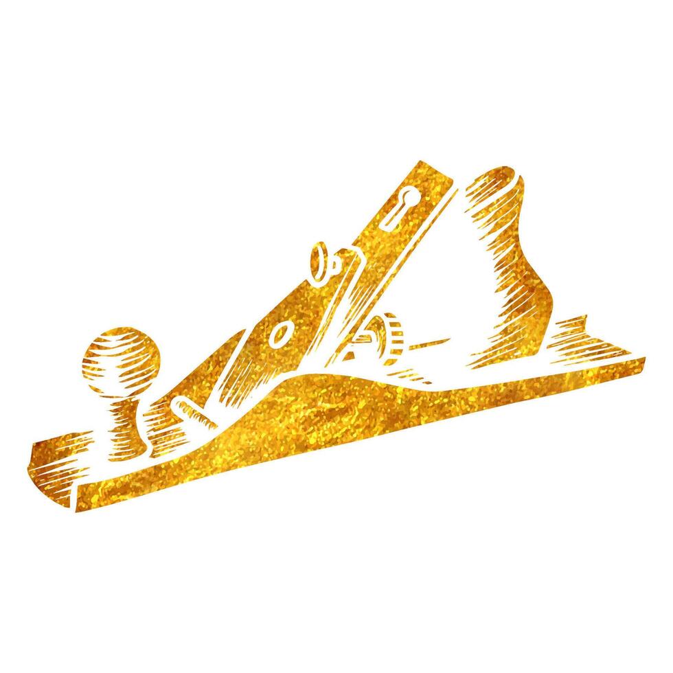 Hand drawn hand plane icon woodworking tool in gold foil texture vector illustration