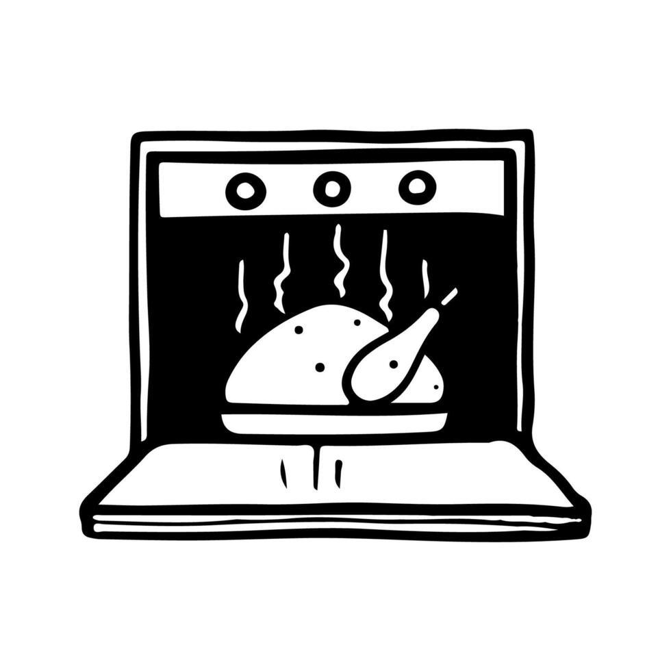 Whole turkey baked in oven. Hand drawn vector illustration.