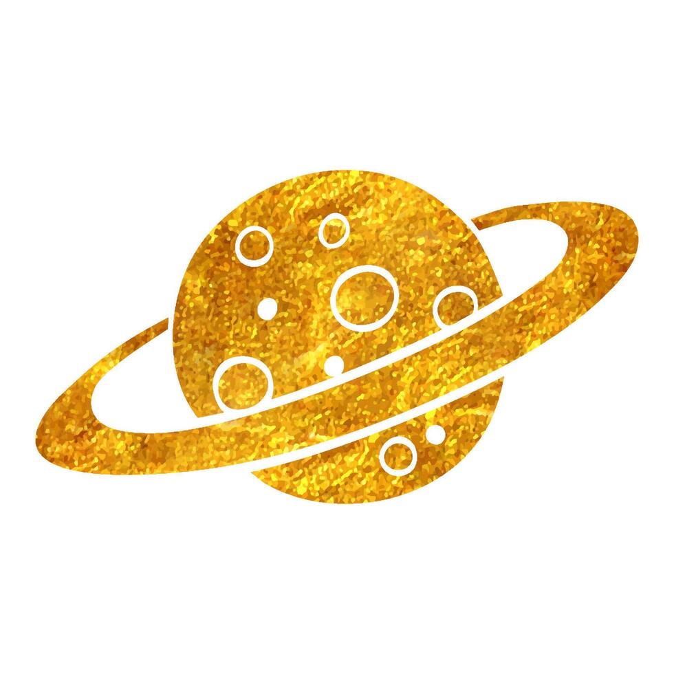 Hand drawn Planet Saturn icon in gold foil texture vector illustration