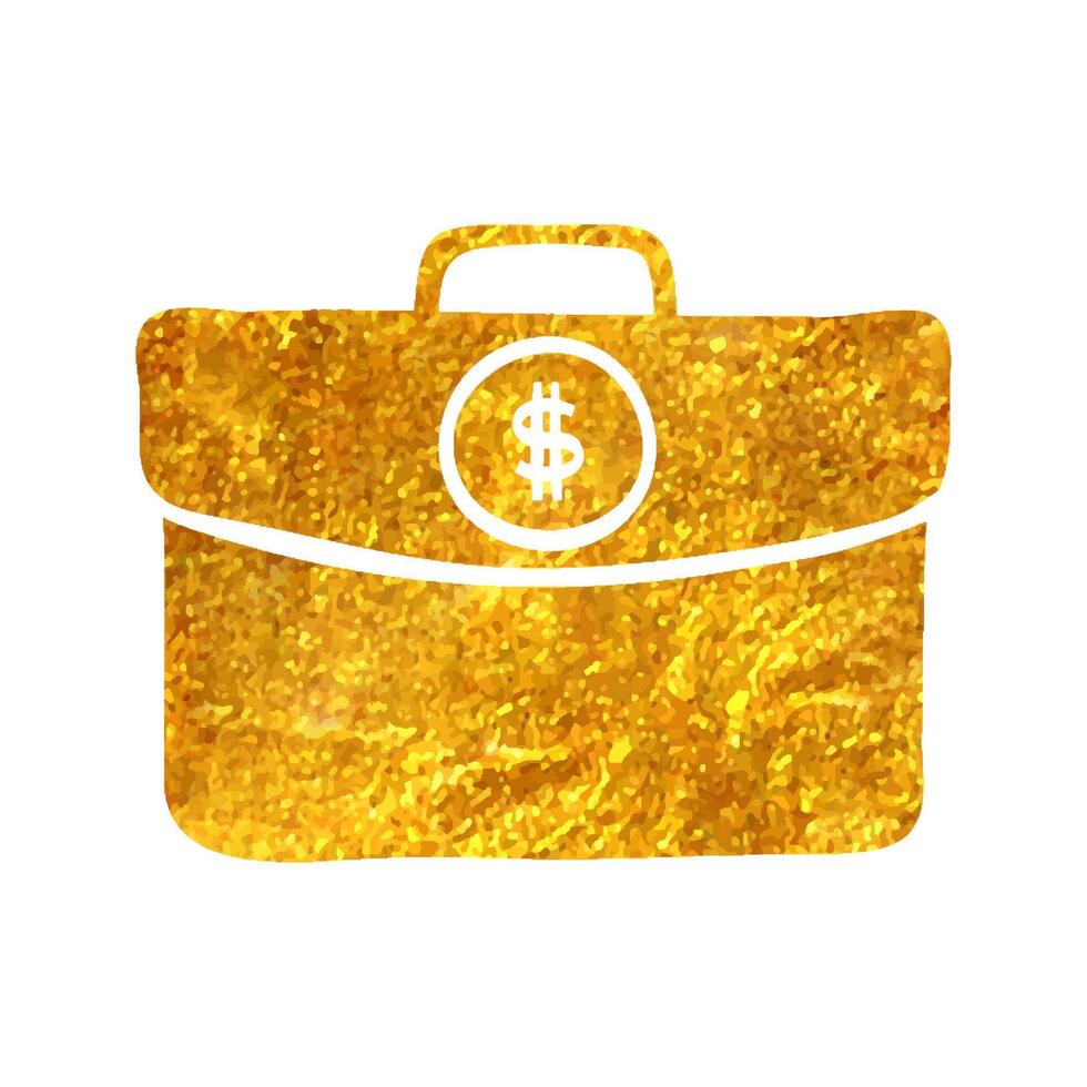 Hand drawn Briefcase icon in gold foil texture vector illustration