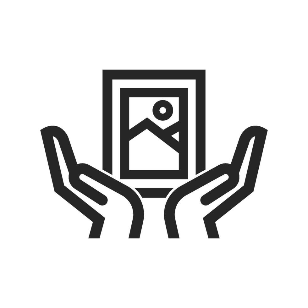 Hand holding painting icon in thick outline style. Black and white monochrome vector illustration.