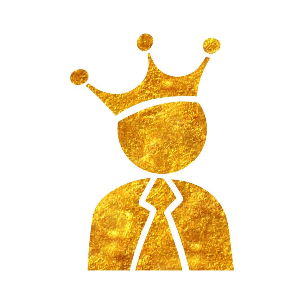 Hand drawn businessman icon with crown on his head in gold foil texture vector illustration