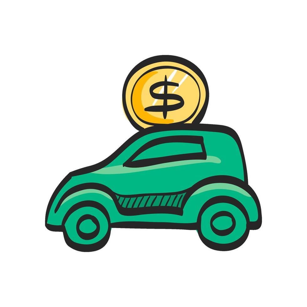 Car piggy bank icon in hand drawn color vector illustration