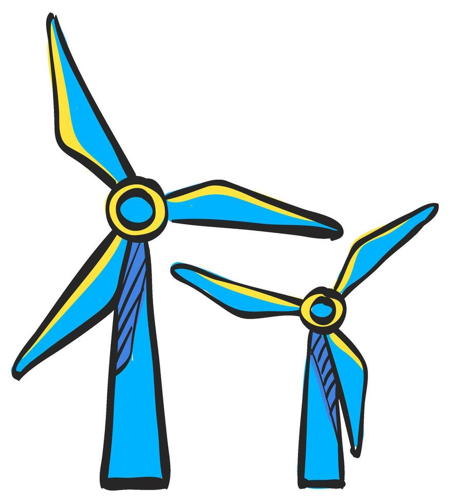 Wind turbine icon in hand drawn color vector illustration