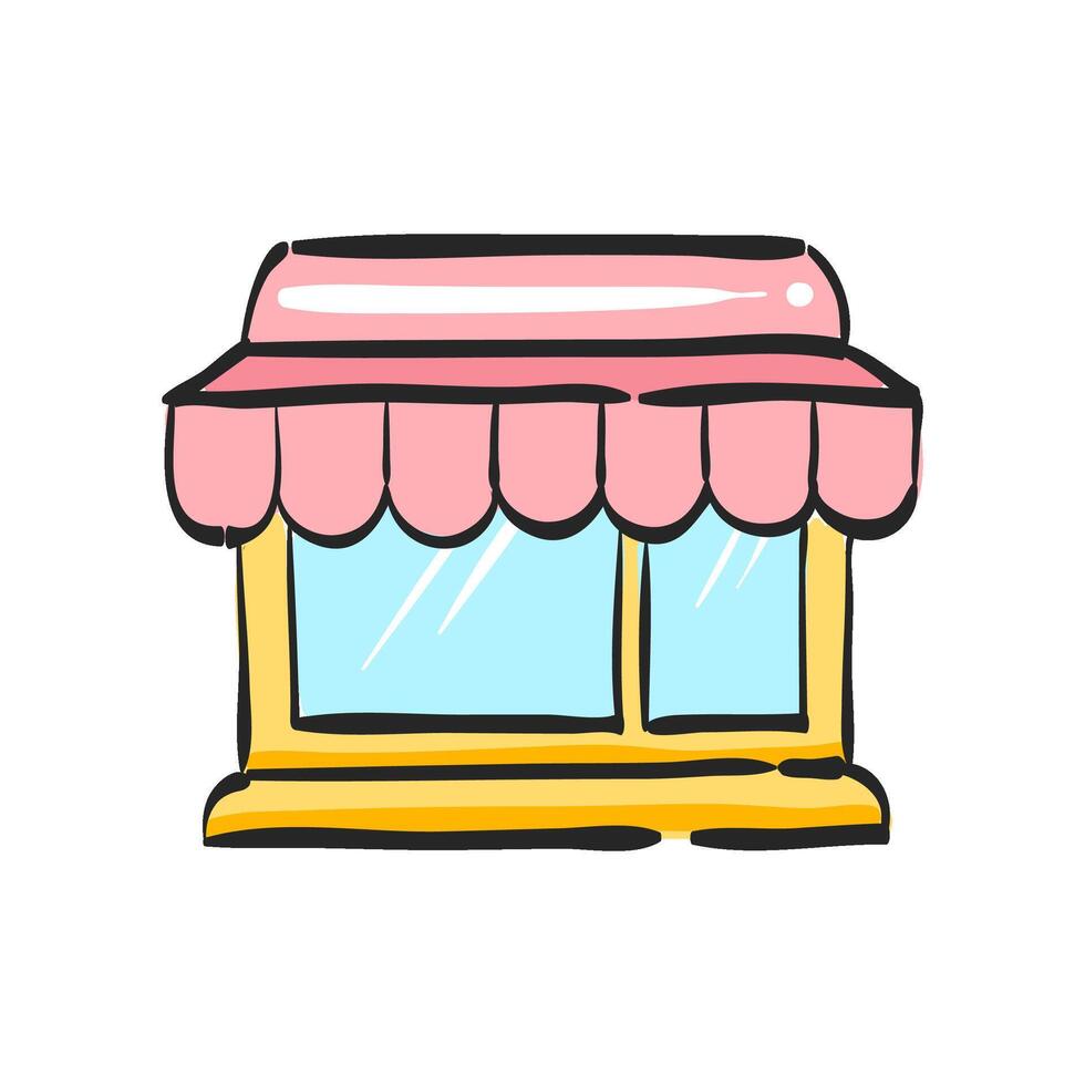 Shop icon in hand drawn color vector illustration