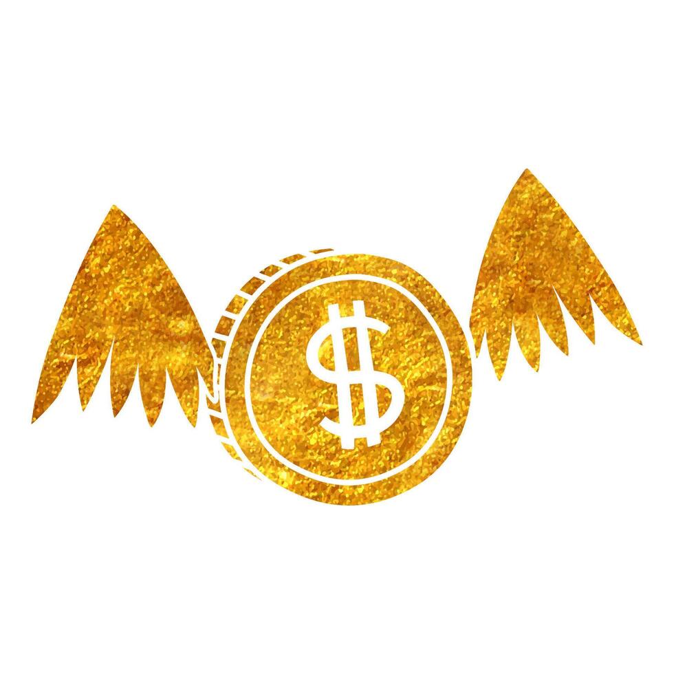 Hand drawn flying coin icon in gold foil texture vector illustration