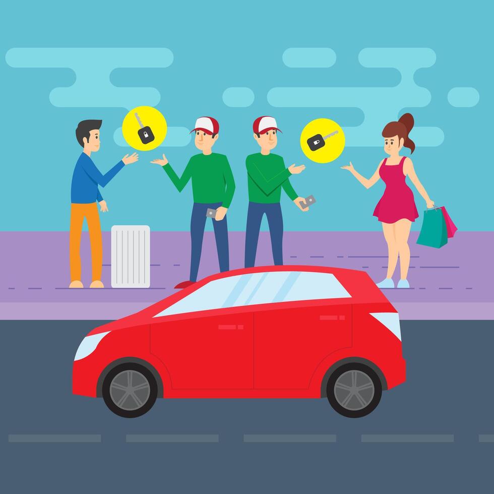 Group of people and a vehicle. Car sharing concept. Vector illustration.