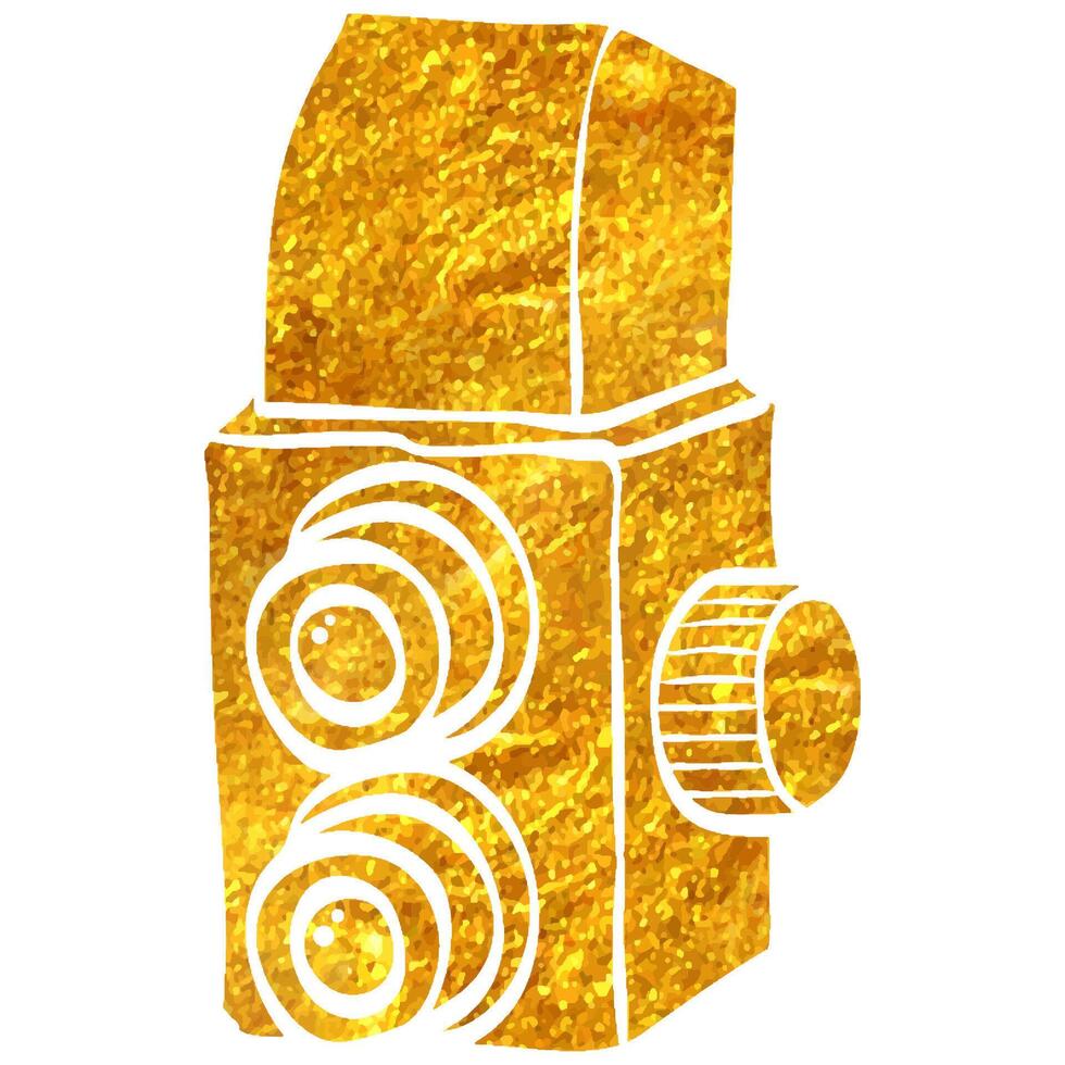 Hand drawn Twin lens reflex camera icon in gold foil texture vector illustration