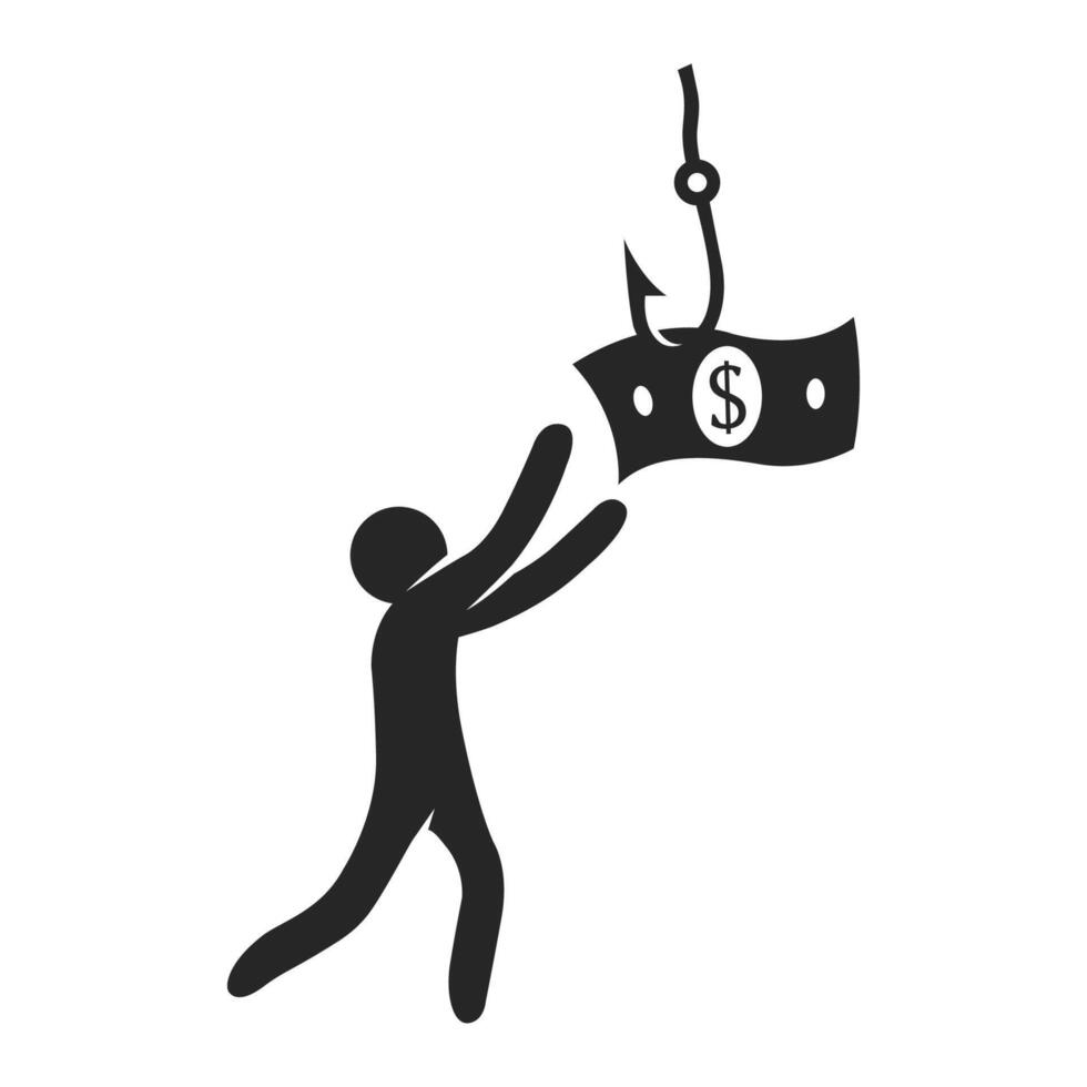 Man chasing dollar bait icon in black and white vector