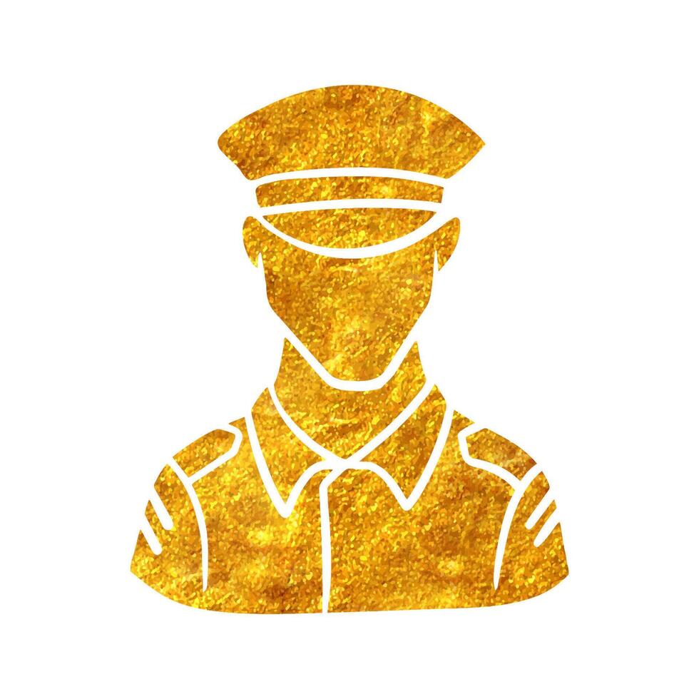 Hand drawn man in uniform icon in gold foil texture vector illustration