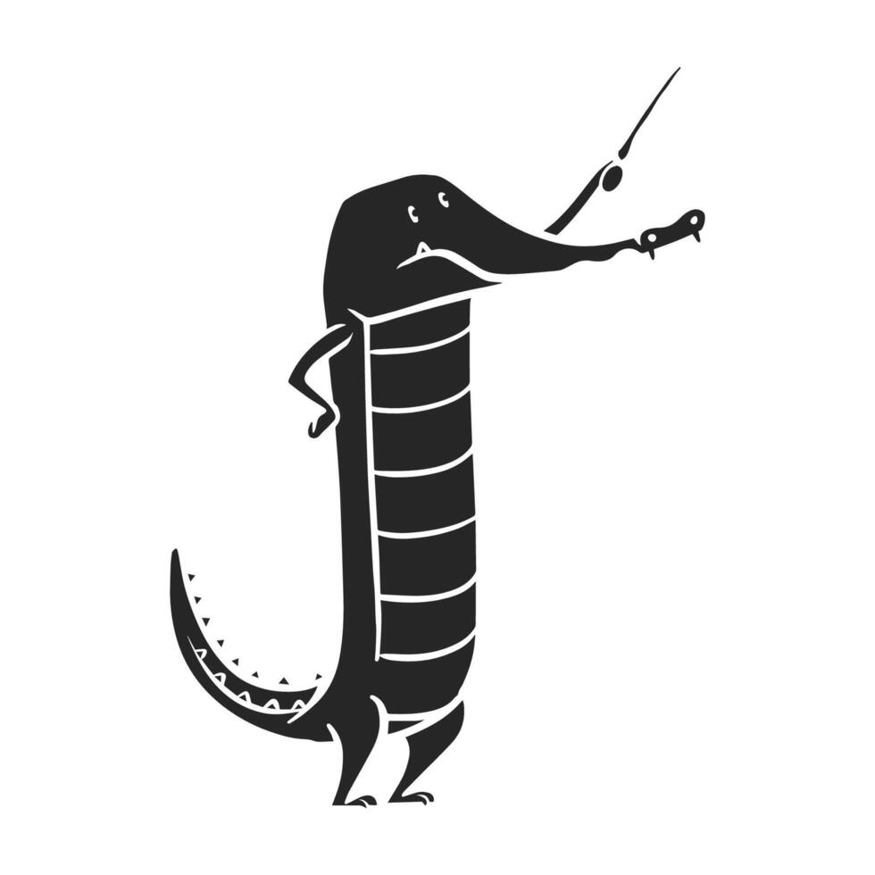 Hand drawn icon crocodile holding stick. Vector illustration.