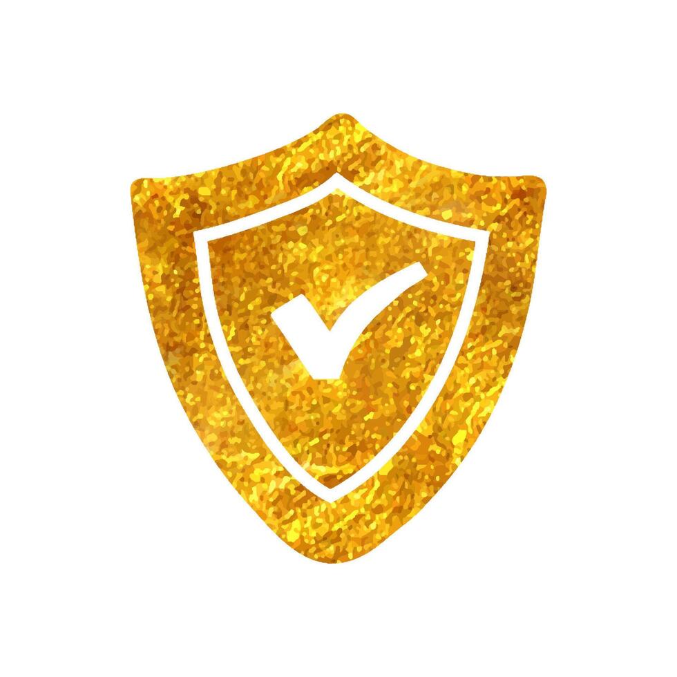 Hand drawn Shield icon with checkmark in gold foil texture vector illustration