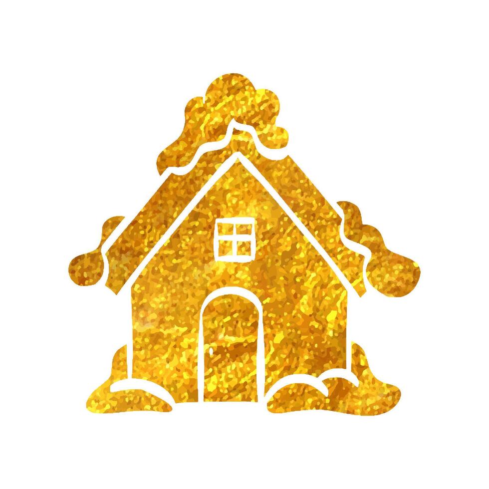 Hand drawn House with snow icon in gold foil texture vector illustration