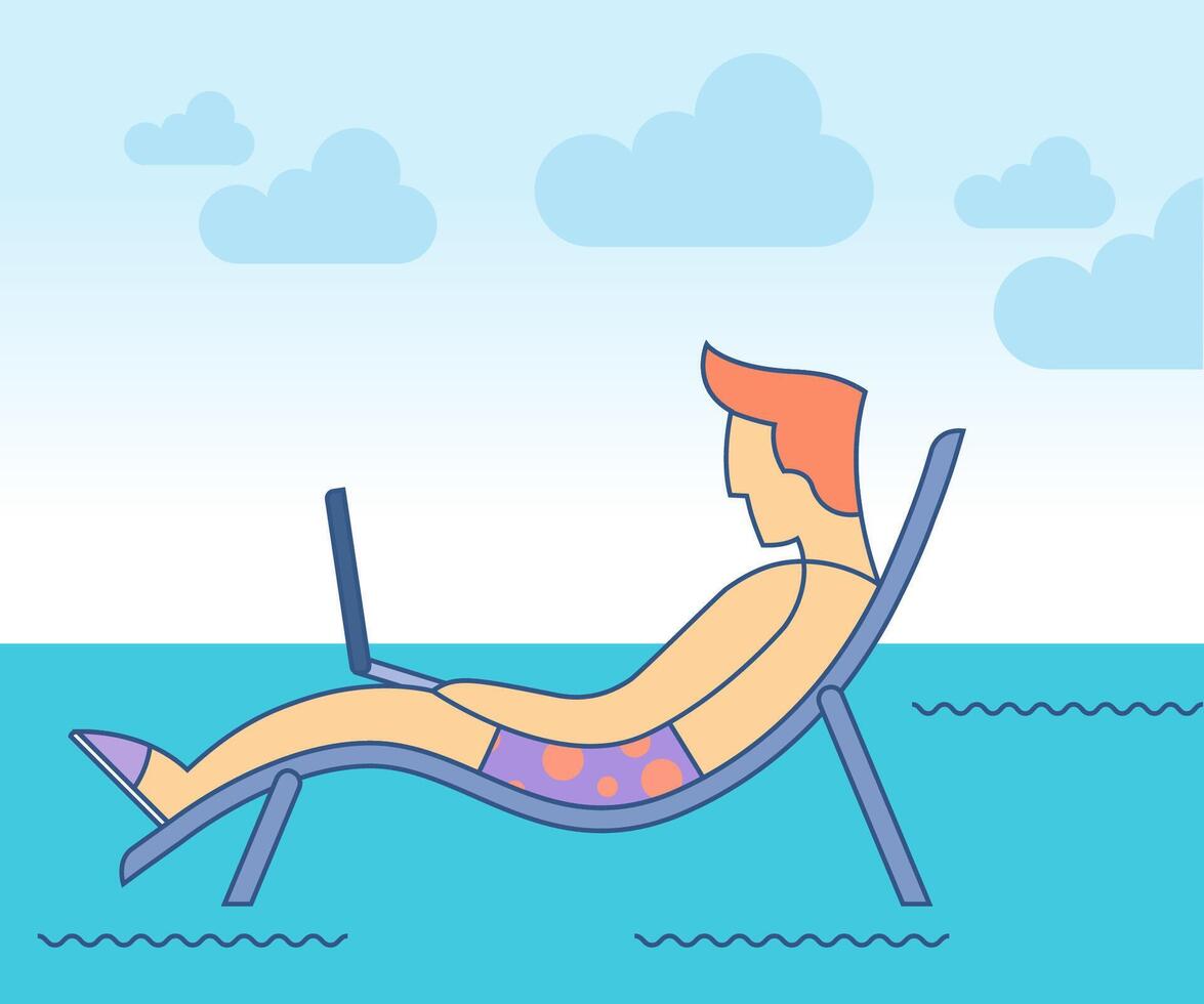 Man with laptop on her lap. Digital nomad concept. Vector illustration.