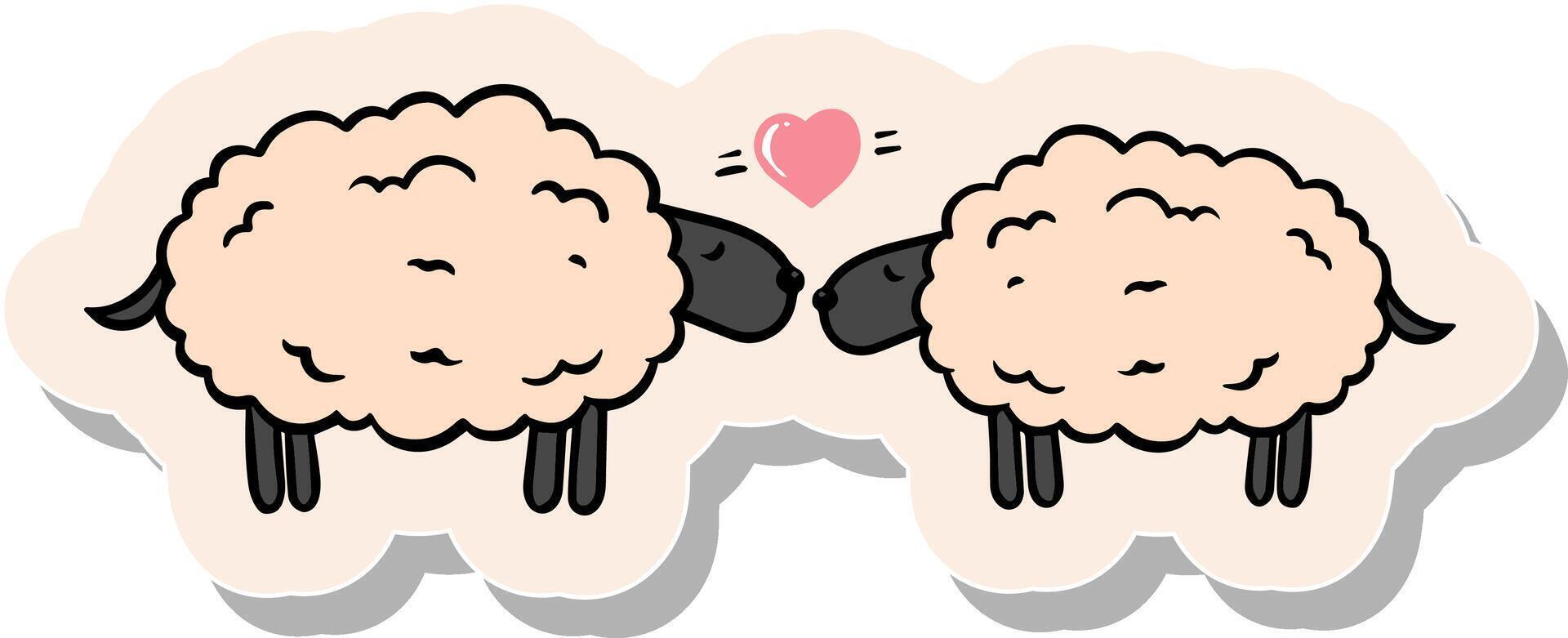 Hand drawn two sheep and a heart shape in sticker style vector illustration