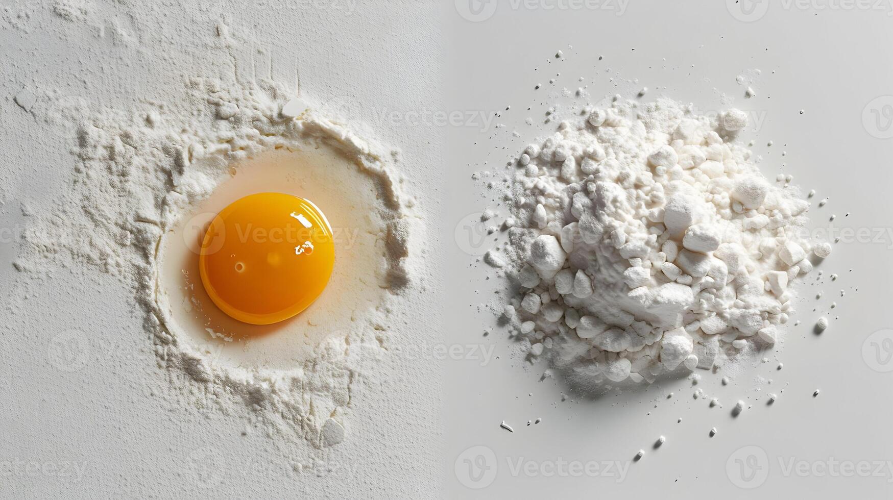AI generated One egg yolk left and white flour right on white back. High quality. AI Generative photo
