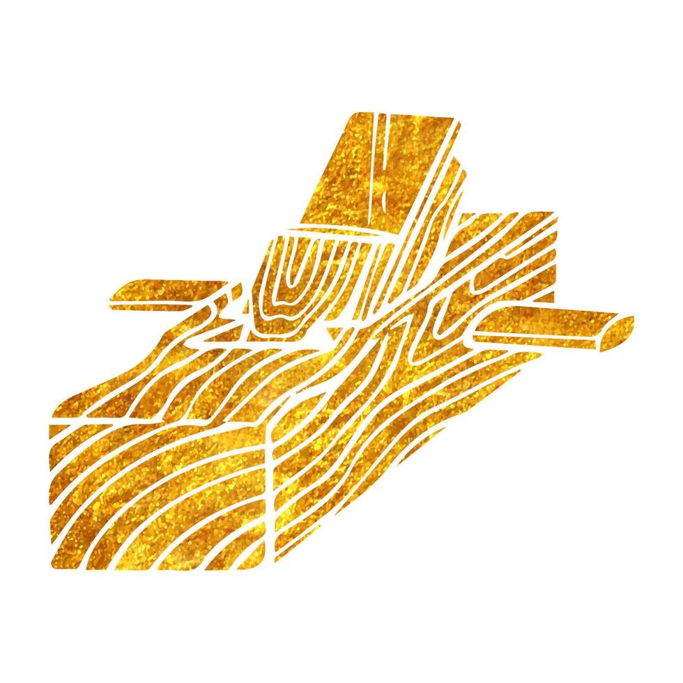Hand planer Woodworking tool in gold foil texture vector illustration