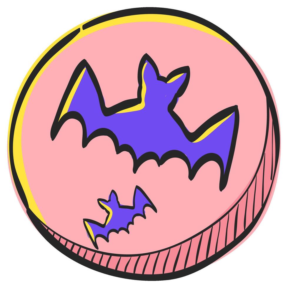 Bats and moon icon in hand drawn color vector illustration