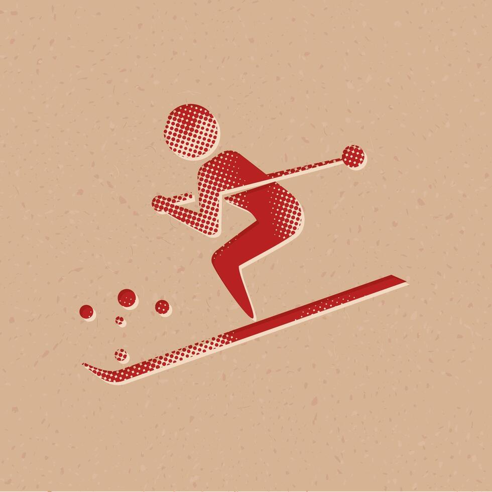 Skiing halftone style icon with grunge background vector illustration