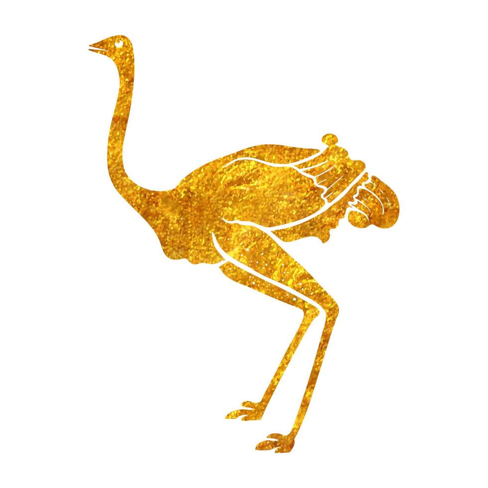 Hand drawn gold foil texture ostrich. vector illustration.