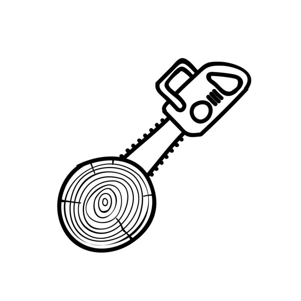 Chain saw cutting wood log. Hand drawn vector illustration. Editable line stroke