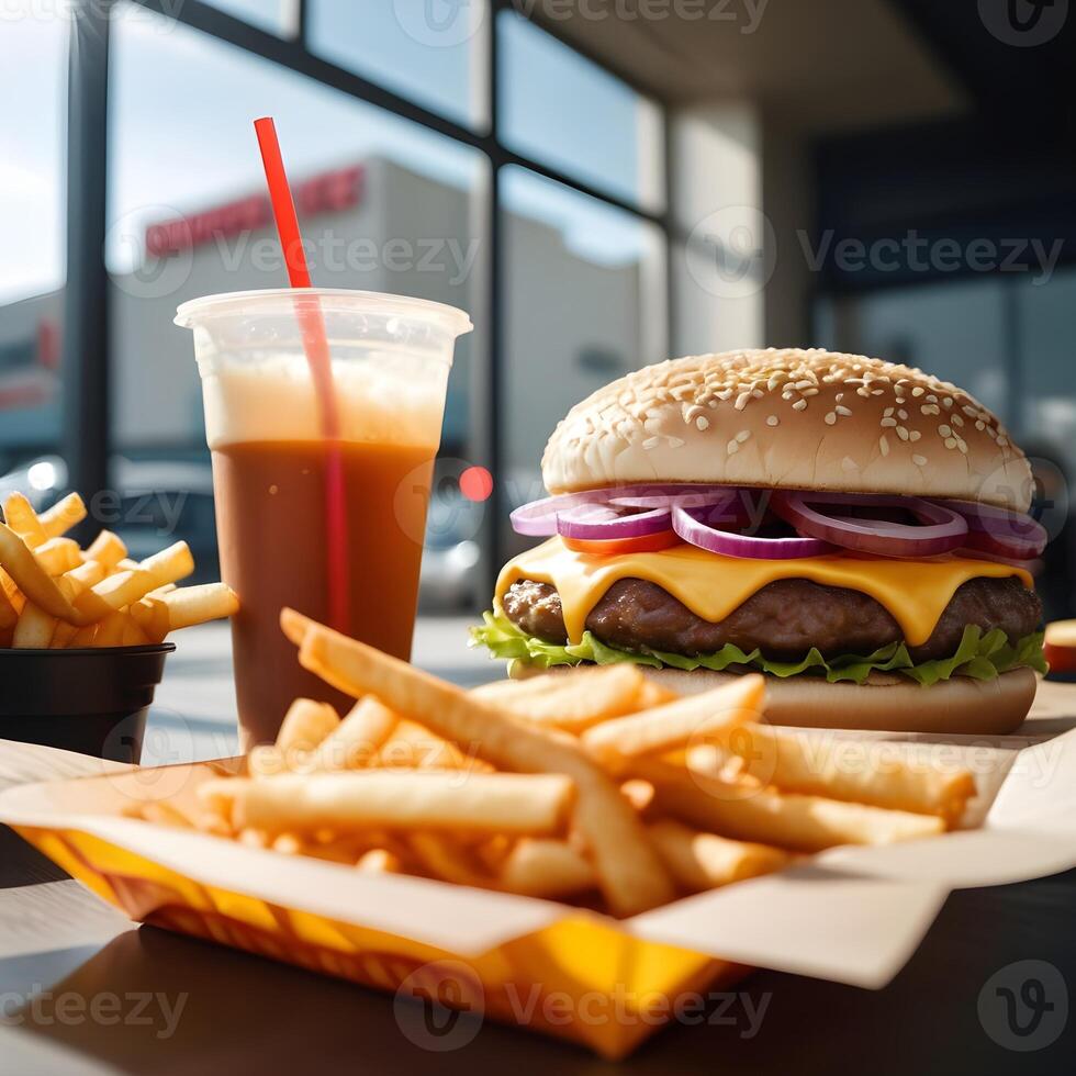 rápido comida hamburguesa, papas fritas y bebida foto