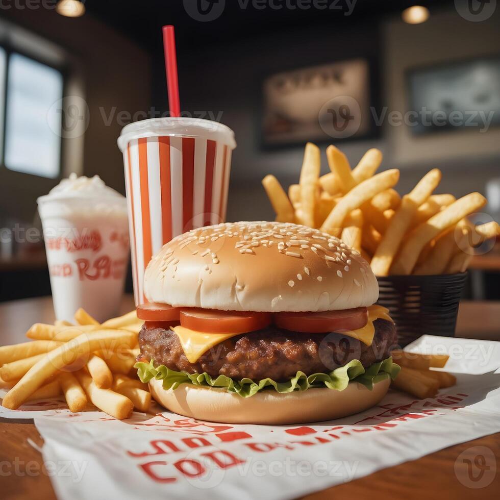 fast food burger, fries and drink photo