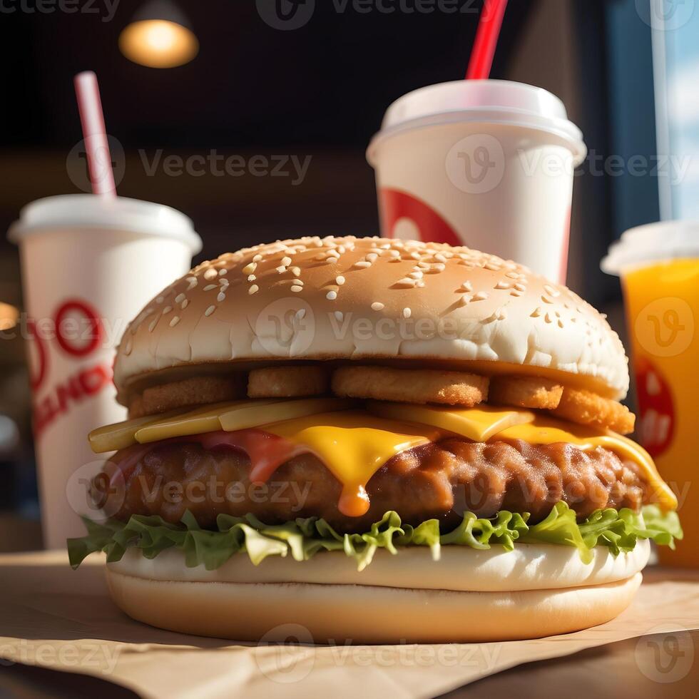 rápido comida hamburguesa, papas fritas y bebida foto