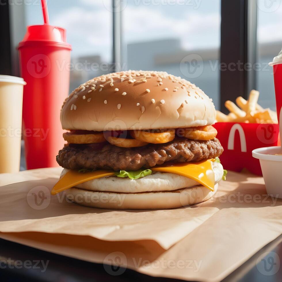 fast food burger, fries and drink photo