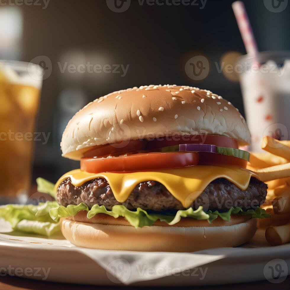 AI generated delicious burger with many ingredients photo