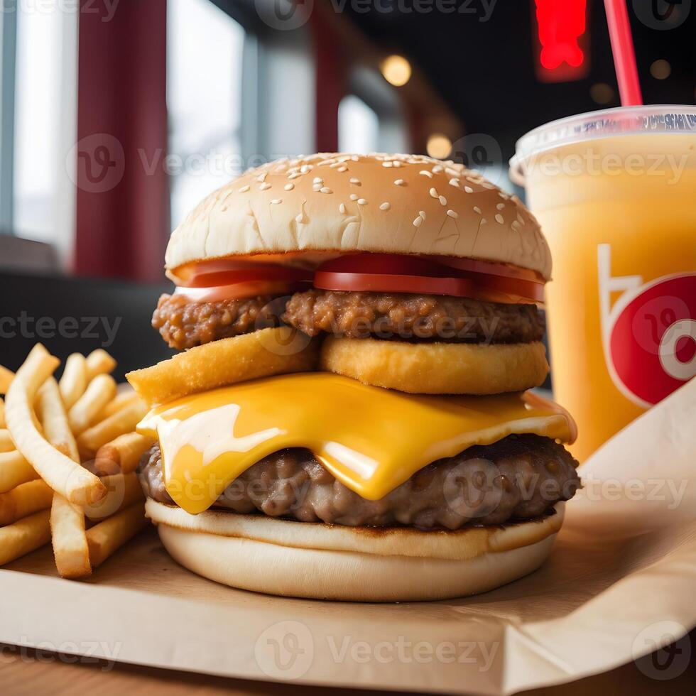 rápido comida hamburguesa, papas fritas y bebida foto