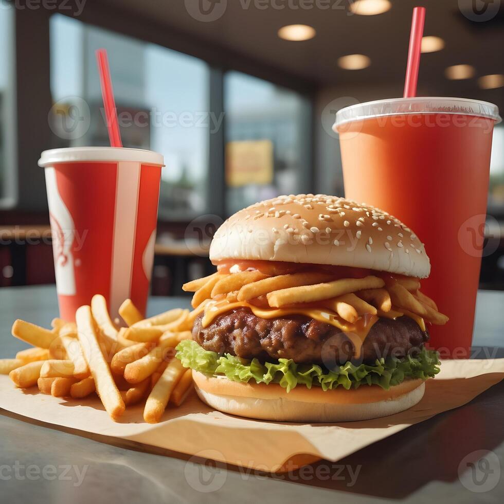 rápido comida hamburguesa, papas fritas y bebida foto