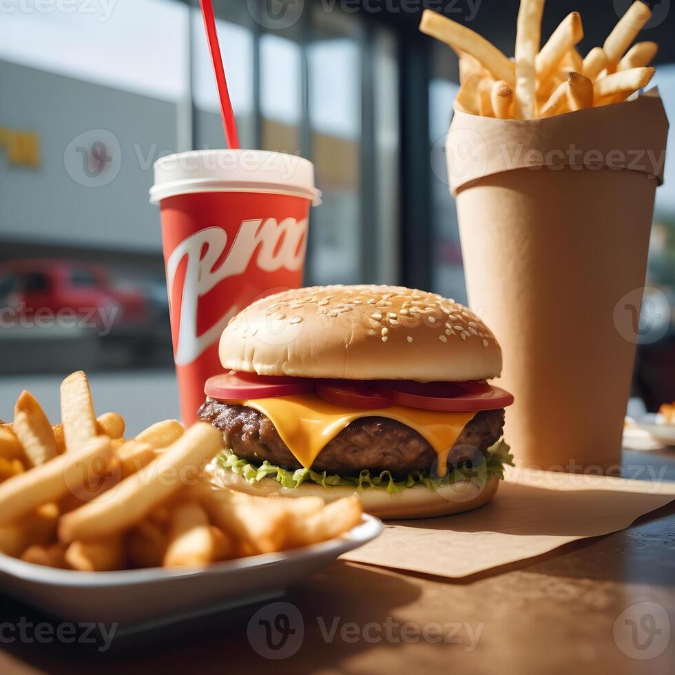 rápido comida hamburguesa, papas fritas y bebida foto