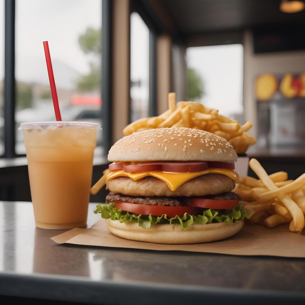 ai generado rápido comida hamburguesa ,papas fritas y bebida foto