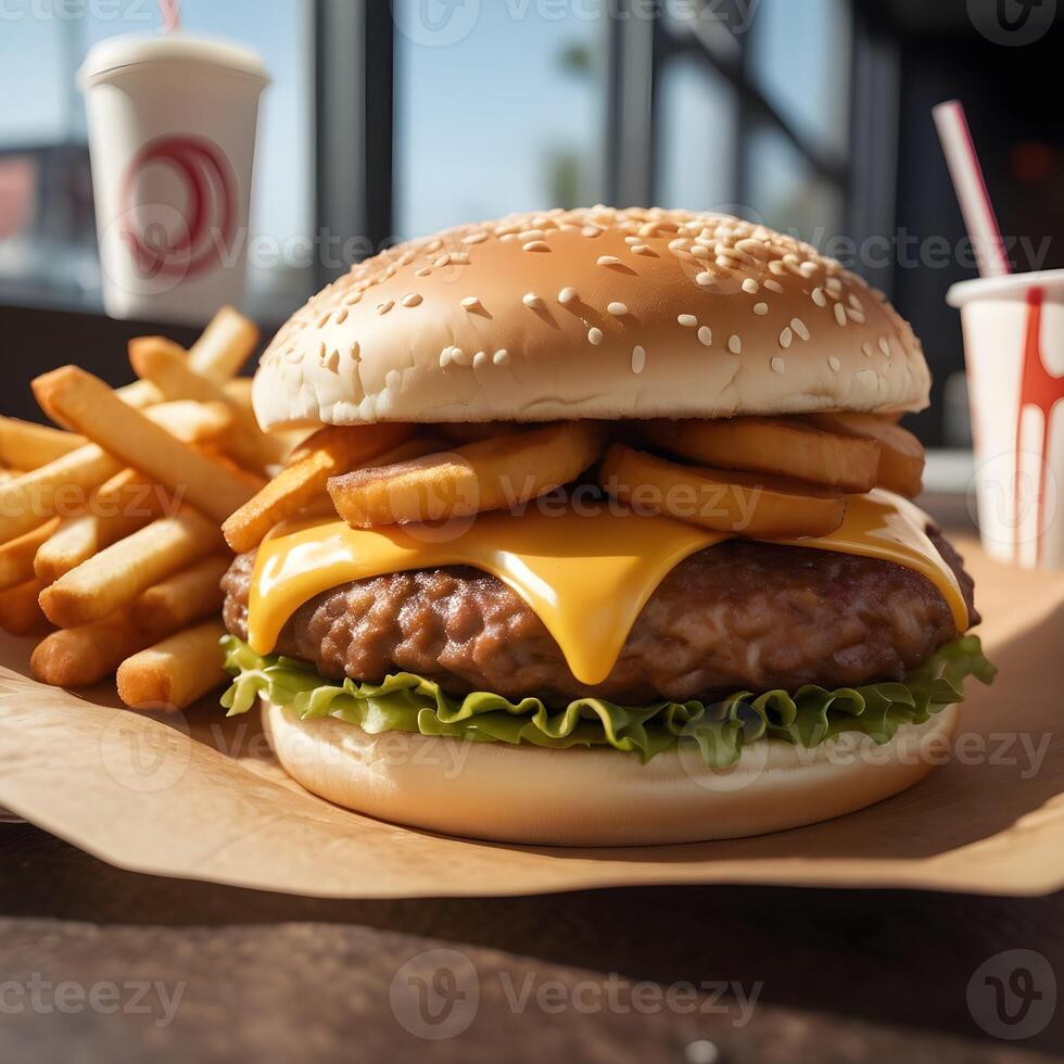 rápido comida hamburguesa, papas fritas y bebida foto