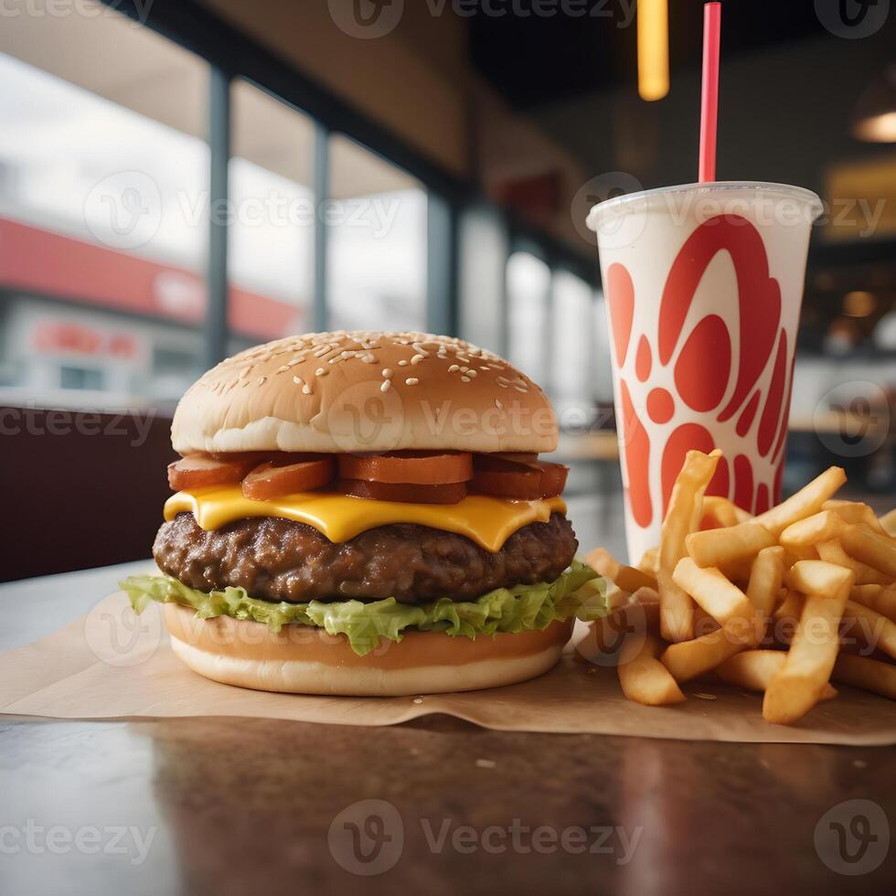 rápido comida hamburguesa, papas fritas y bebida foto