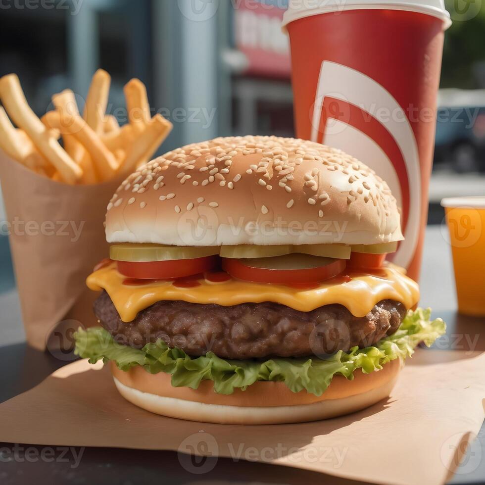 rápido comida hamburguesa, papas fritas y bebida foto