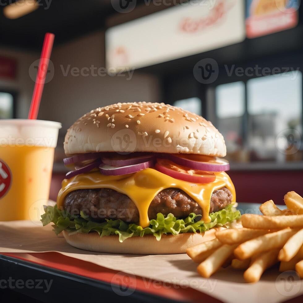 rápido comida hamburguesa, papas fritas y bebida foto