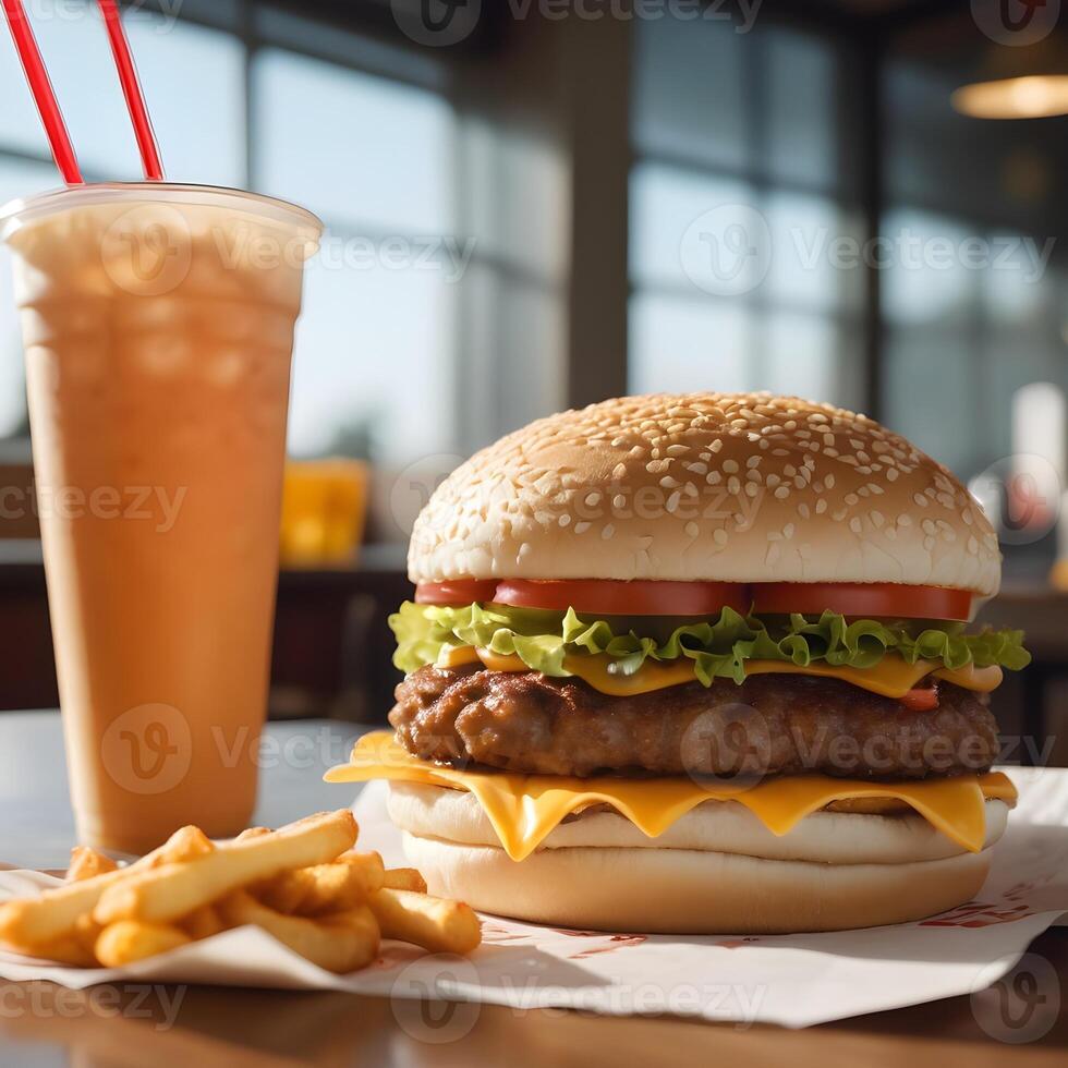 rápido comida hamburguesa, papas fritas y bebida foto