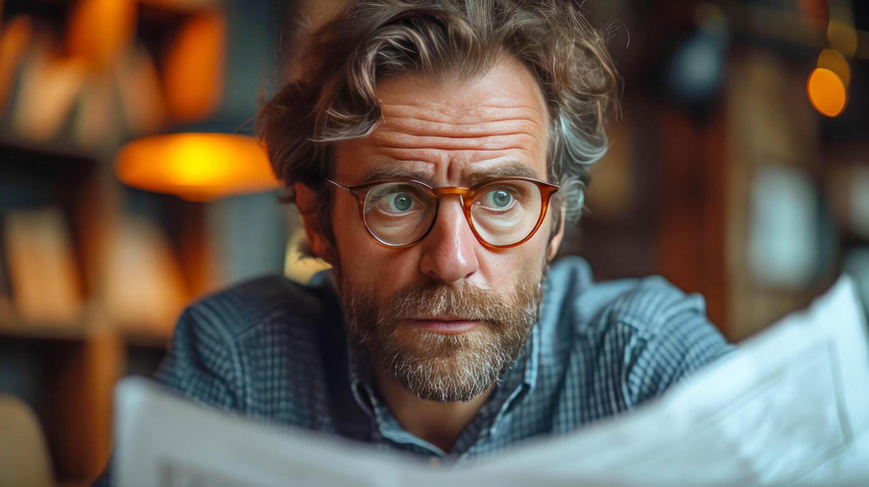 AI generated Close-up portrait of a mature man in glasses reading a newspaper photo