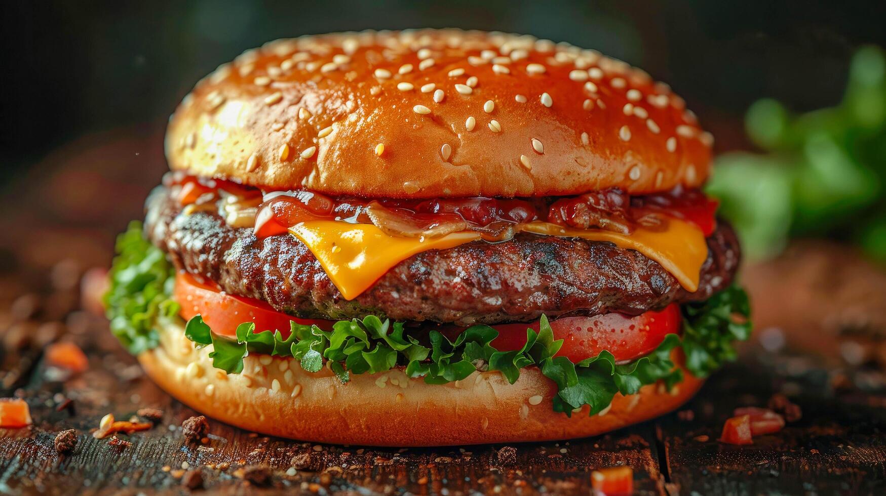 AI generated Delicious homemade hamburger with fresh vegetables on white table closeup photo