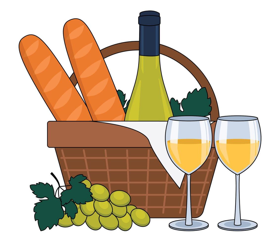 botella de blanco vino, vino en anteojos, baguettes, uvas y un picnic cesta. con un describir. vector gráficos.