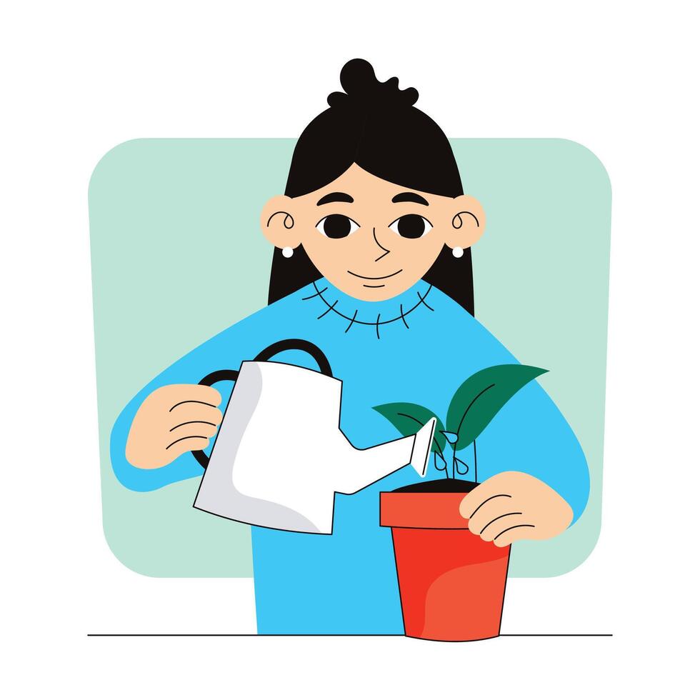 Gardening. Woman waters a planted sprout from a watering can. Vector graphic.