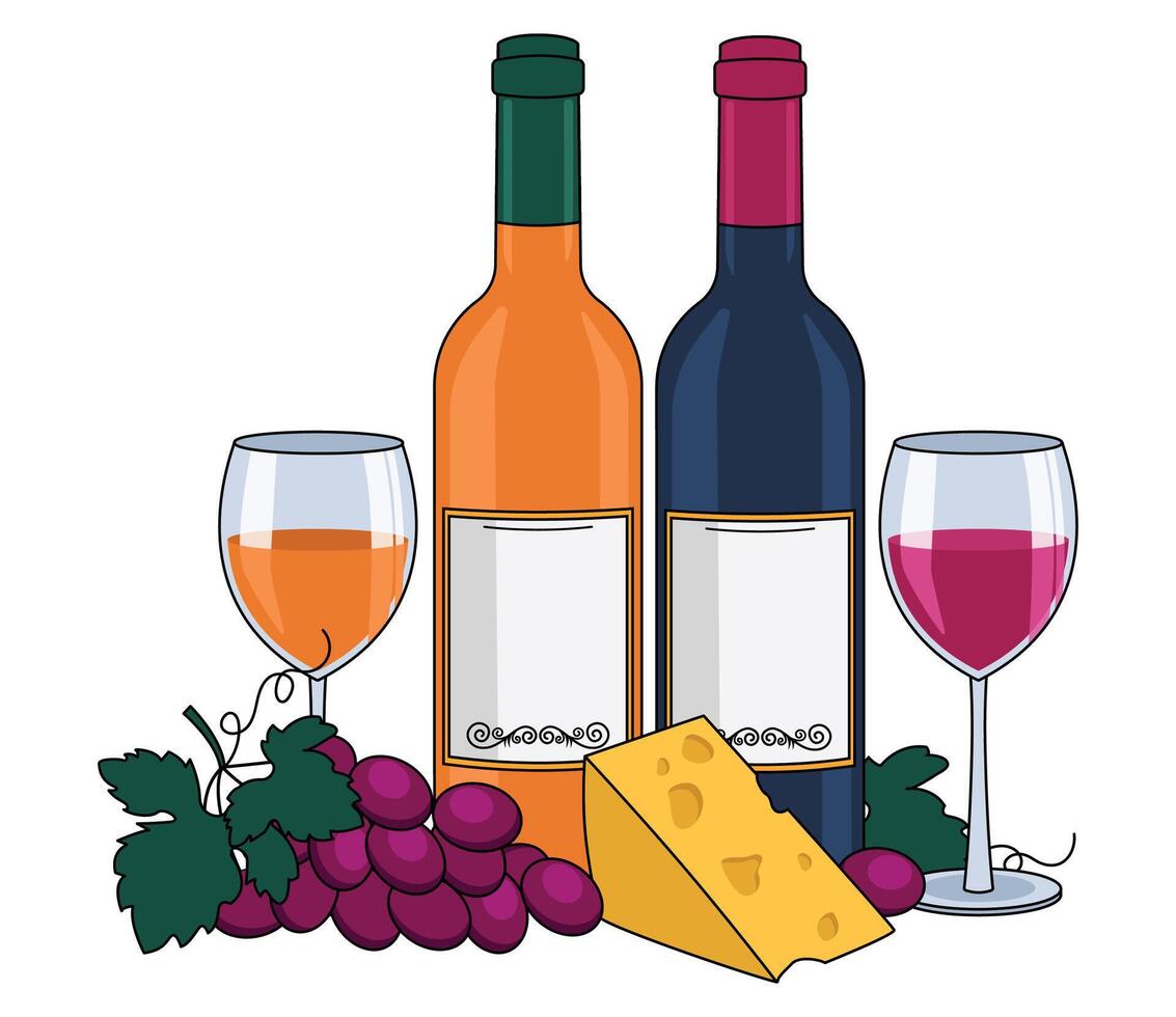 Bottle of red wine and a bottle of orange wine, wine in glasses, cheese and grapes. With an outline. Vector graphic.