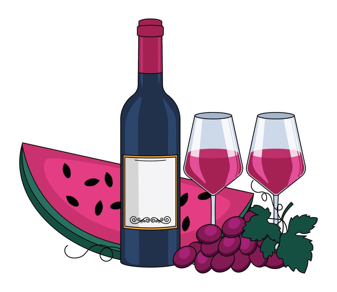 Bottle of red wine, wine in glasses, watermelon and grapes. With an outline. Vector graphic.