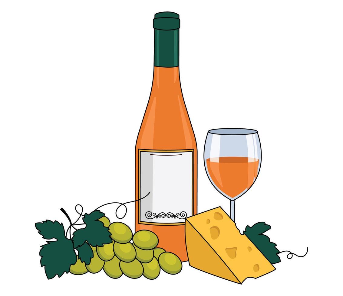 botella de naranja vino, vino en un vaso, queso y uvas. con un describir. vector gráficos.