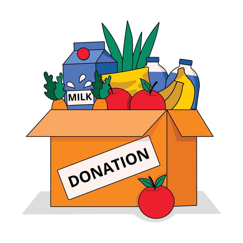 Box with items for donation. Help. Food. Fruits, vegetables, cereals, herbs, milk, water. Vector graphic.